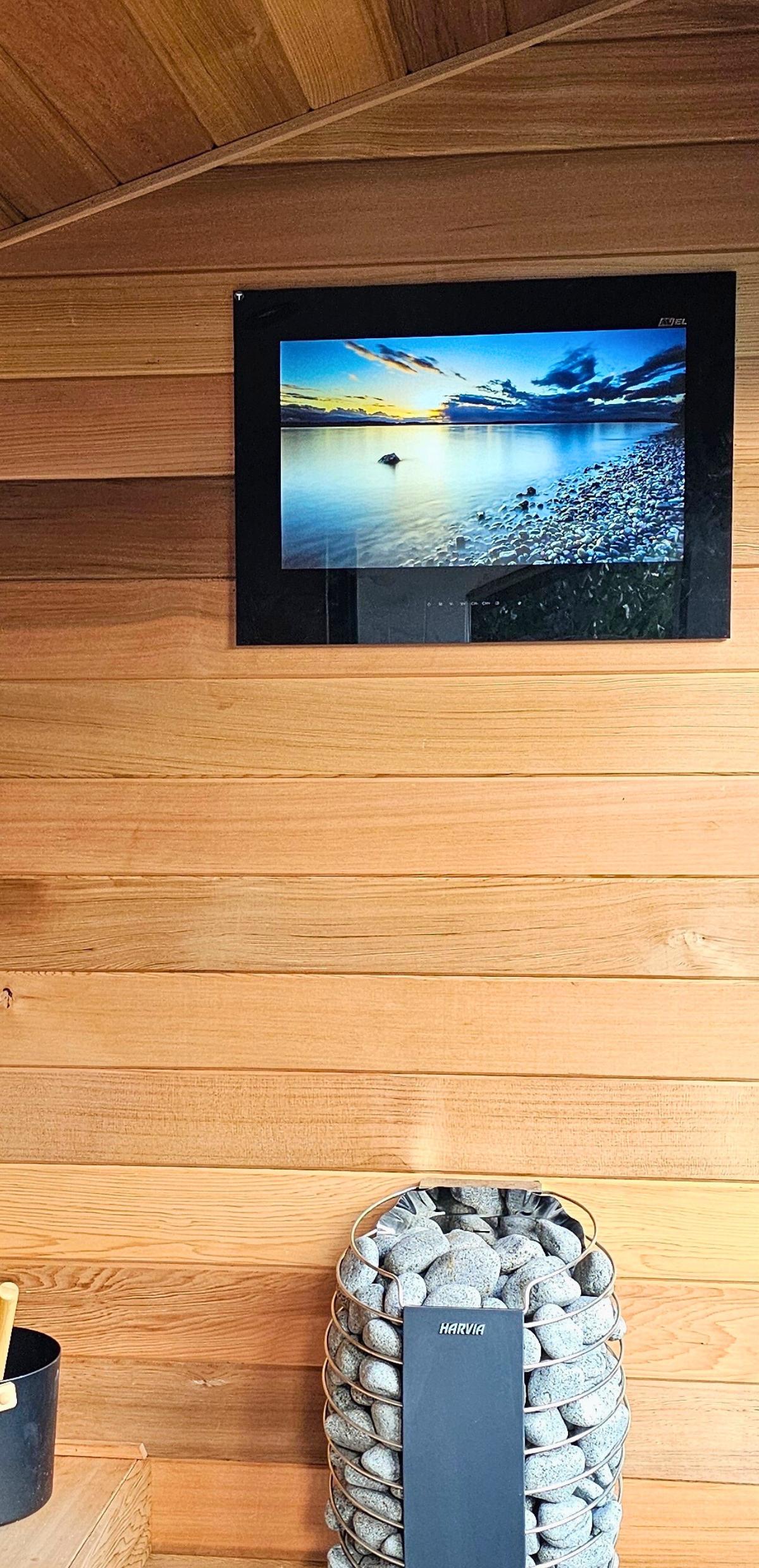 A bright television in a sauna