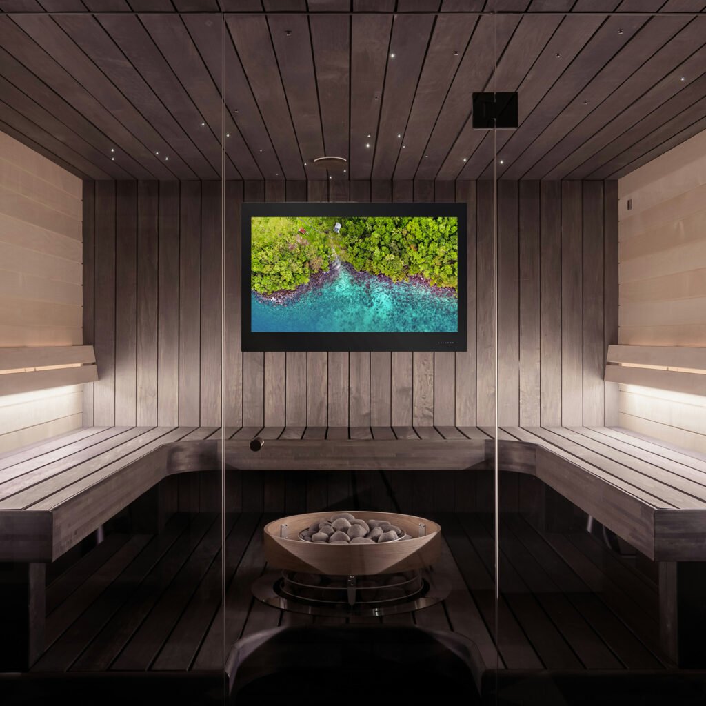 A Parallel AV television installed in a high-end sauna.