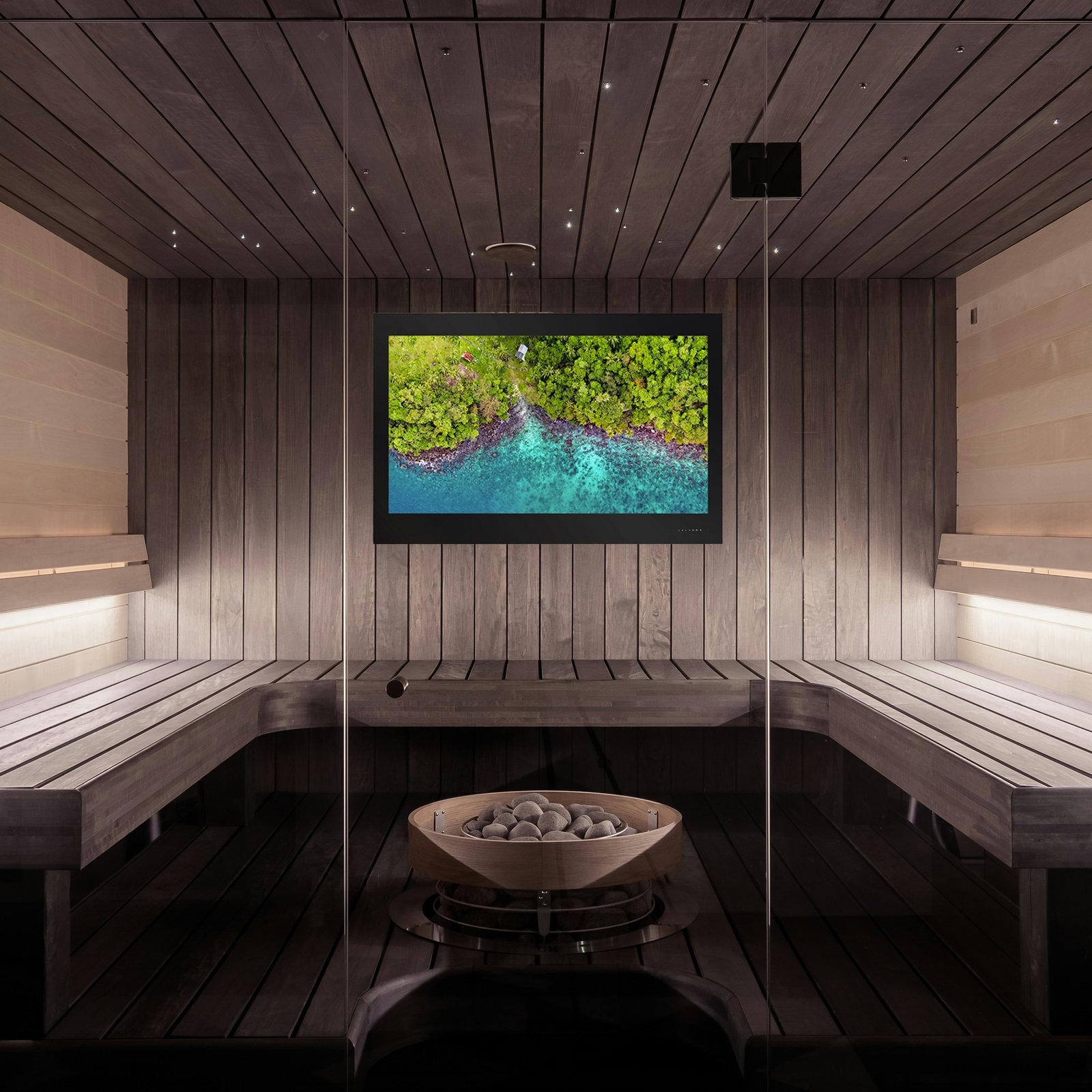 A Parallel AV television installed in a high-end sauna.